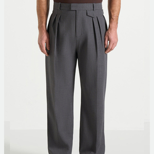 Pantalon formel plissé taille haute pour homme, coupe droite, infroissable, en mélange de laine mi-lourde, gris, style automne - Product Image 1