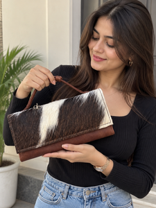 Pochette de créateur unique en cuir de vachette, couleur marron, en cuir à poils, en promotion, cadeau pour femme - Product Image 3
