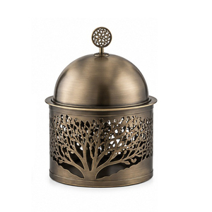 Recipiente Redondo Metálico Vintage para Calentar Alimentos con Tapa Abombada y Diseño de Árbol en Bronce - Product Image 1