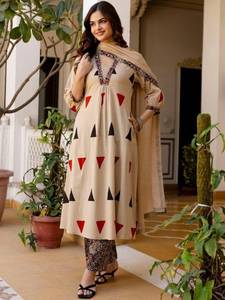 Kalamkari Print Pure Cotton Top Pant With Cotton Dupatta Decorated Designs And Hand Jari Weaving Jacquard With Neck Work Set - Product Image 4