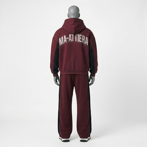 <b>Men</b> <b>Burgundy</b> Oversized Zip Up <b>Hoodie</b> and Wide Leg Sweatpants Two Piece Tracksuit Set - Product Image 4