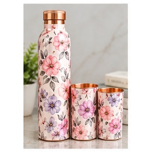 Juego de Botellas de Agua de Cobre con Diseño de Hojas Tropicales, Tapa de Cobre y Tazas a Juego, Estilo Bohemio, Portátil - Product Image 2
