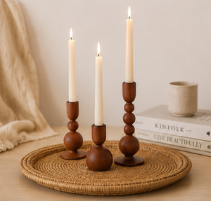 Handcrafted Rustic Acacia Wood Candle Holder Set Of 3 Modern Farmhouse Pillar Candlestick Stands For Home Decor & Wedding Table - Product Image 2