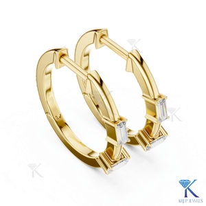 Custom Lab Grown CVD Baguette Diamond <b>Huggie</b> Hoop Earrings Luxury 14K Solid Gold Wedding Women Jewelry - Product Image 2