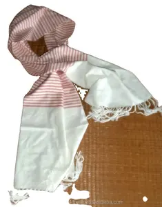 Hand woven Pink & white and orange & white stripe cotton scarf