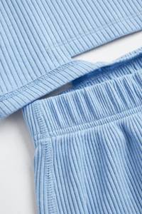 Conjunto de Top de Manga Corta y Pantalones Cortos de Punto Acanalado Azul Claro para Mujer, Ropa Casual de Verano de 2 Piezas - Product Image 5