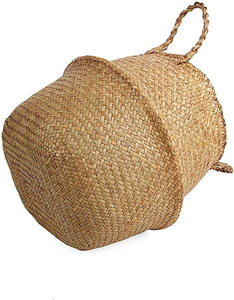 Panier rond pliable en jonc de mer, tressé à la main, avec poignées, pour plantes, pique-nique, couvercle de pot de fleurs et rangement - Product Image 2