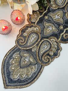 Glam <b>Black</b> Gold Embroidered Table <b>Runner</b> Irregular Shape Handmade Fabric Design for Dining Table Decoration - Product Image 6