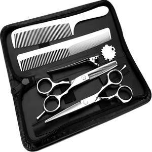 Kit de ciseaux à effiler de qualité supérieure couleur argent 6 pièces, magnifiques kits de barbier avec étui en cuir à fermeture éclair - Product Image 4