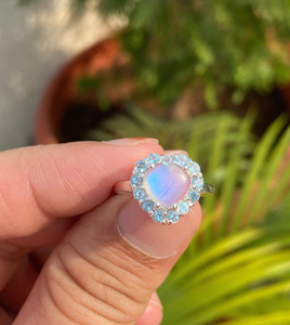 Heart Moonstone <b>Ring</b> Sterling Silver Blue Topaz Halo Gemstone Romantic Jewelry Women Gift Statement Design - Product Image 1