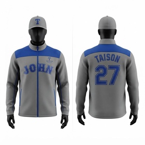 Unisex Baseball Training <b>Jacket</b> Premium 280 GSM Polyester Fleece Hooded Pullover <b>Waterproof</b> Eco-Friendly Blue <b>Grey</b> Panels Custom - Product Image 1