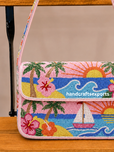 Sac à bandoulière personnalisé de luxe fait main, motif coucher de soleil tropical, perles, fermeture magnétique sécurisée, léger, durable, résistant, tendance - Product Image 3