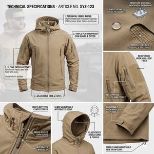 Veste softshell à capuche pour homme, coupe-vent, hydrofuge, style vêtements de travail d'extérieur, coupe régulière, fermeture éclair, couleur beige - Product Image 3