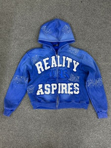 Sudadera con capucha y cremallera Blue Reality Aspires |   Sudadera con Capucha Decorada con Pedrería Estilo Urbano |   Fabricante de Moda Urbana con Etiqueta Privada OEM Personalizada - Product Image 4