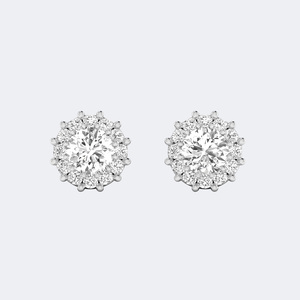 Boucles d'oreilles clous plaquées or 1,50 carat avec halo rond et grappe de fleurs, cadeau d'anniversaire de mariage - Product Image 5