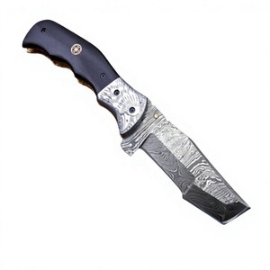 Nouveau couteau pliant DIY OEM Tracker en acier Damas avec manche en corne de taureau, système Liner Lock, lame pointe clip de 2 mm pour le camping et la chasse en extérieur - Product Image 1