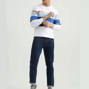 เสื้อสเวตเชิ้ตคอกลมลายทางไล่ระดับสีขาวน้ำเงินสำหรับผู้ชาย แขนยาว สไตล์ลำลอง สตรีทแวร์ แฟชั่นท็อป - Product Image 3