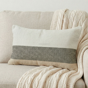 Ivory Grey Handwoven <b>Cushion</b> Cover Central Panel Stripe Textured Throw <b>Pillow</b> Decorative Accent <b>Pillow</b> Modern Decor - Product Image 2