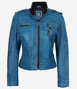 Chaqueta de Motociclista de Cuero Auténtico Azul Desgastado para Mujer, Chaqueta de Motociclista Vintage, Chaqueta de Piel de Oveja Genuina, Fabricante Mayorista - Product Image 6