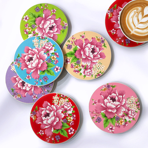 Ensemble de sous-verres floraux colorés Tapis de tasse ronds absorbants avec motif pivoine - Product Image 6
