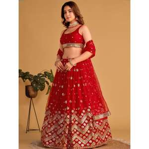 Lovely <b>Red</b> Sequins Georgette Engagement Wear <b>Lehenga</b> Choli - Product Image 4