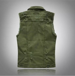 Chaleco Vaquero Verde Oliva Personalizado para Hombre - Chaqueta de Mezclilla sin Mangas, Corte Ajustado y Estilo Desgastado para Exportación - Product Image 5