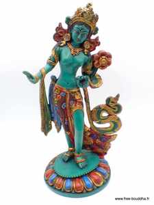 Statue de Tara Verte sur Pied, Art Bouddhiste, Décoration Religieuse pour la Maison, Figurine en Résine Faite à la Main et Peinte à la Main, 10 Pouces, Népal - Product Image 1