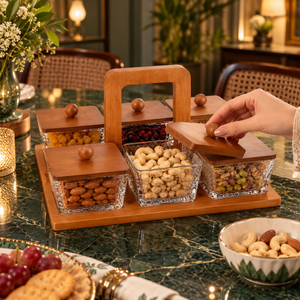 Frascos Cuadrados de Vidrio con Tapas de Madera y Soporte de Transporte para Frutos Secos, Nueces, Bocadillos, Almacenamiento en la Cocina o Despensa |   Organizadores Modernos - Product Image 4