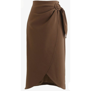 Jupe mi-longue marron chocolat pour femme avec détail anneau - Product Image 1