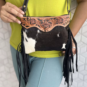 Bolso de Hombro de Cuero con Flecos, Diseño Artesanal, Estilo Bohemio, Vintage, Hecho a Mano, con Pelo de Vaca, Último Modelo - Product Image 1
