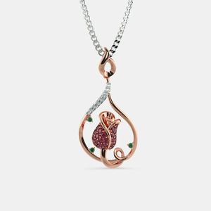 Two Tone <b>Ruby</b> Tulip Floral Lab Grown Diamond Teardrop Pendant <b>Necklace</b> - Product Image 1