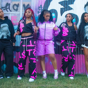 Custom Logo 100 Cotton French Terry 400GSM Tracksuit DTG Print Two Piece Set <b>Silver</b> Zipper Hoodie Straight Leg Pink Women Set - Product Image 6