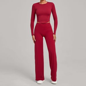 Conjunto de Yoga de Manga Larga de 2 Piezas, Top Corto para Gimnasio, Pantalones de Cintura Alta con Corte Acampanado, Leggings Transpirables, Conjunto Deportivo para Gimnasio, Ropa Deportiva - Product Image 1