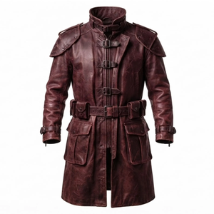 Manteau trench en cuir d'agneau rouge pour homme - Product Image 2