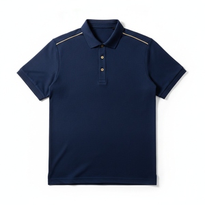 Chemise décontractée pour homme en toile unie bleu marine avec passepoil doré aux épaules, manches courtes, col à trois boutons, pour le golf, vente en gros - Product Image 1