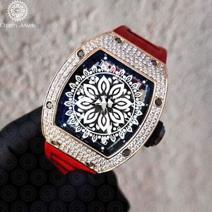 Charm_Jewels Luxury Men's Yellow Gold <b>Diamond</b> <b>Watch</b> 43mm Polygon Analog Mechanical ETA Movement Red Rubber Band - Product Image 1