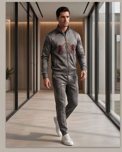 Men Gray Ful Sleeve <b>Tracksuit</b> With Front Embroidery Logo Zipper Closure Sublimation Print 100 Polyester Sporty Style Autumn Wear - Product Image 3