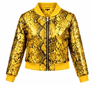 Chaqueta bomber de piel sintética con estampado de serpiente dorada para mujer, corta, con cremallera y cuello alto - Product Image 1