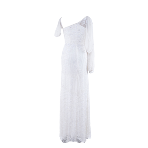 Elegante Vestido de Noche Blanco de Encaje con un Solo Hombro Descubierto |   Blusa Bordada para Mujer, Corte Entallado con Abertura Lateral |   Vestido de Fiesta de Boda de Primera Calidad y Lujo - Product Image 2