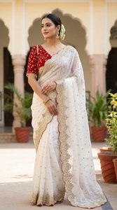Pure Fandy Chiffon Wedding Collection <b>Saree</b> Luxury C-Pallu Embroidered Chiffon <b>Saree</b> Festive Wear <b>Saree</b> Embroidered Zari Work - Product Image 1