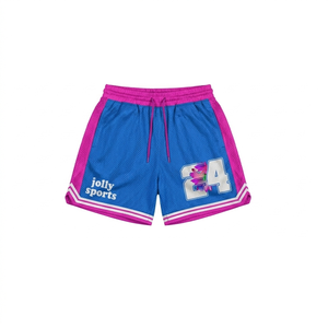 Shorts en mesh respirant de haute qualité 160 GSM, bleu avec empiècements latéraux roses, logo sublimé, shorts pour homme - Product Image 1