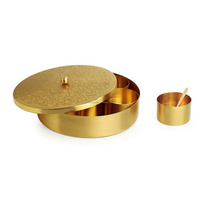 Exquisite Round Brass Spice <b>Box</b> – Hand-Finished Kitchen Organizer with Measuring Spoon - Product Image 4