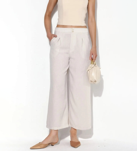 Pantalon en lin plissé pour femme, style estival minimaliste, taille haute, coupe large, longueur cheville, avec plis avant et fermeture boutonnée, coupe ample - Product Image 1