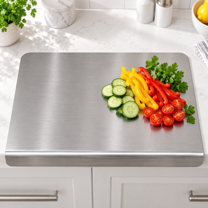 Tabla de cortar de acero inoxidable para catering, cocina y preparación de alimentos con mango, tabla de cortar delgada de metal, exportación desde India - Product Image 3