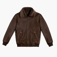 Blouson aviateur en cuir véritable marron pour homme, col en fausse fourrure, deux poches à rabat, fermeture éclair sur le devant, poignets côtelés, vêtement d'extérieur haut de gamme pour l'hiver