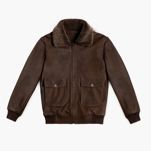 Mens Brown Genuine Leather Bomber Jacket Faux Shearling Collar Dual Flap Pockets <b>Zip</b> Front Ribbed Cuffs Premium Winter Outerwear - Product Image 2