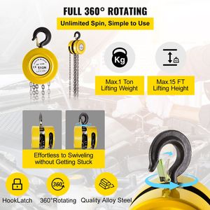 Paranco a Catena Industriale con Sollevamento di 4,5m/15ft, Capacità 2200 Libbre/1 Tonnellata, Blocco a Catena Manuale per Altezza di Sollevamento di 6m - Product Image 3