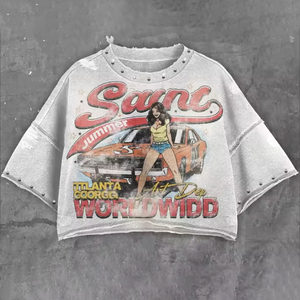 เสื้อยืดและกางเกงขาสั้นสไตล์เทรนดี้ ผ้าฝ้าย 100% แต่งลายกราฟิกวินเทจ ประดับคริสตัล ทรงบ็อกซี่ - Product Image 2