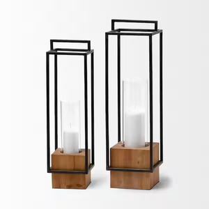 Lanterne à bougie élégante et moderne en métal et bois, avec un cadre ouvert fin et un cylindre en verre, décoration minimaliste parfaite - Product Image 6