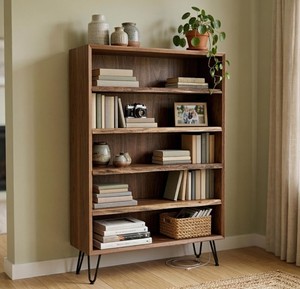 <b>Modern</b> Wooden Ladder Bookcase 5 <b>Shelves</b> Freestanding with Back Panel Storage Rack with Metal Legs for Living Room Home Office - Product Image 1